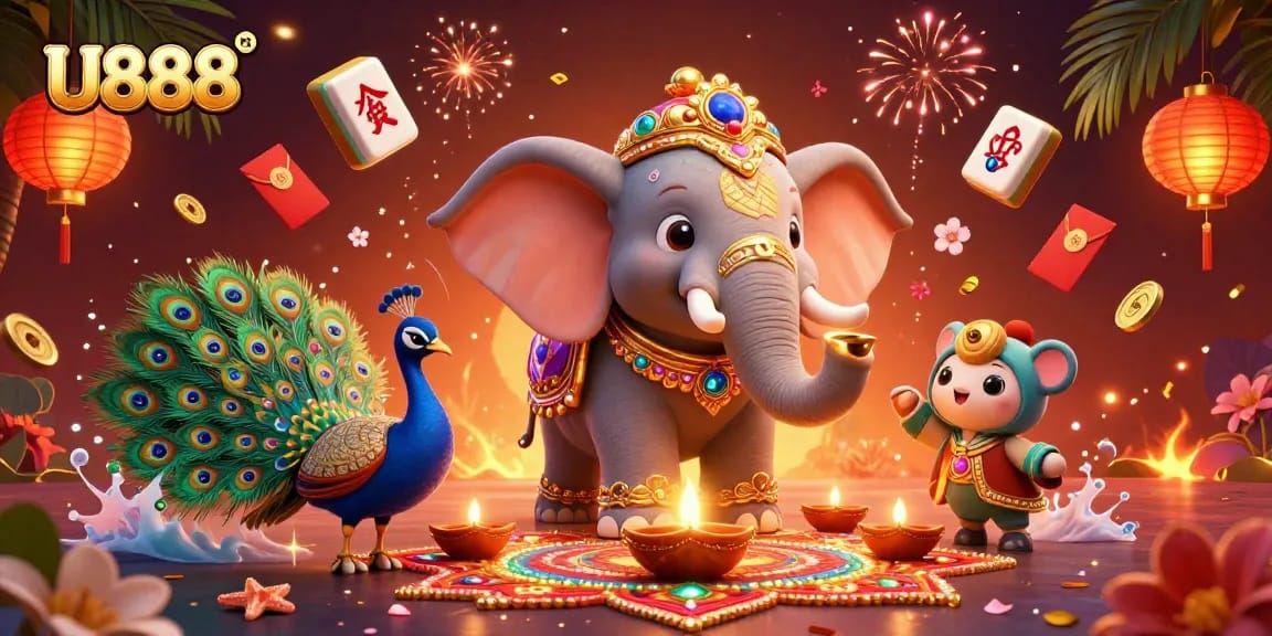 U888 brings luck and fortune with a vibrant illustration featuring a Diwali-themed scene of joy.