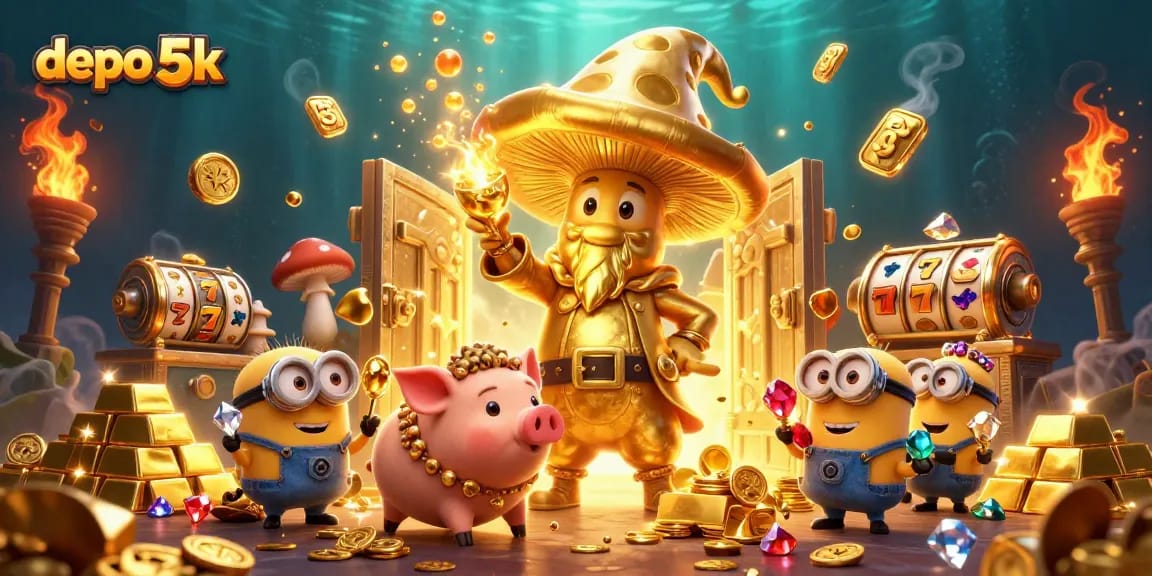 Experience the thrill with depo 5k in a vibrant 3D illustration showcasing golden treasures and slot symbols.