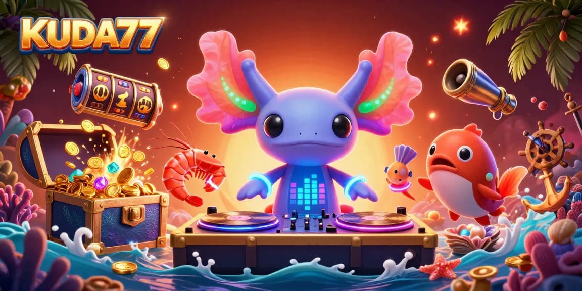 Menangkan permainan KUDA77 dengan DJ axolotl neon dan harta karun laut yang berkilau