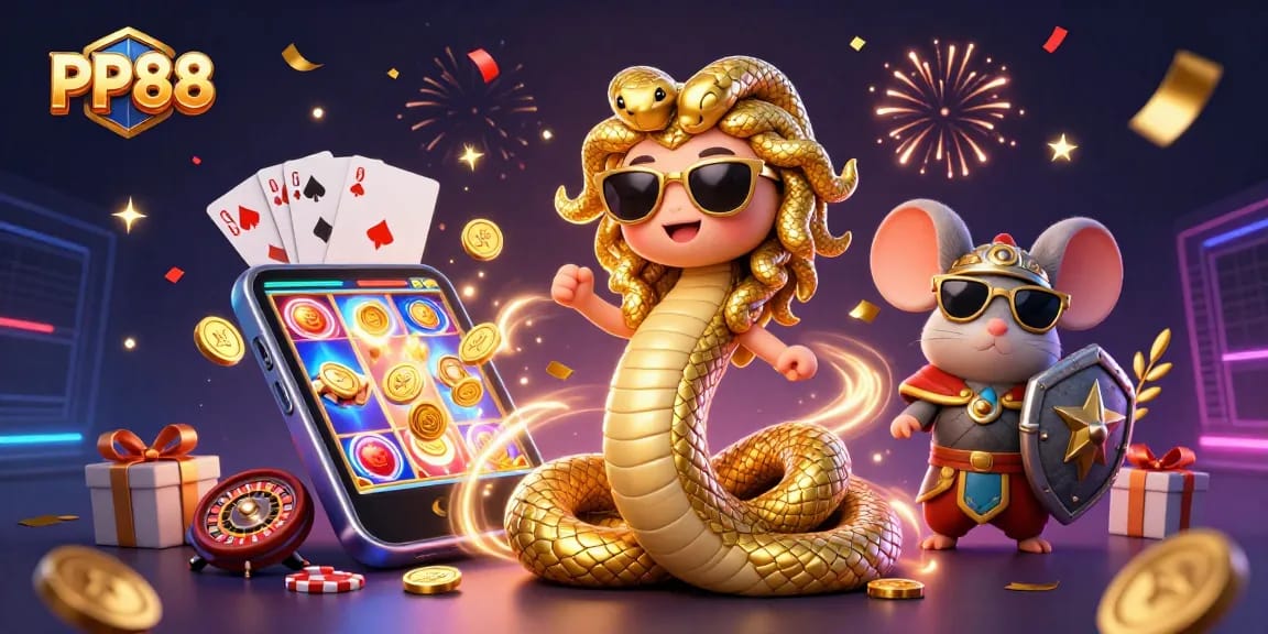 Engage with exhilarating PP88 gameplay featuring a friendly Medusa and vibrant casino elements.