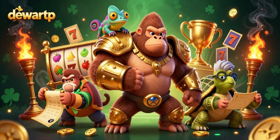 Menangkan jackpot slot dengan dewartp, gorila kuat dan kuda laut berwarna, sambil memutar gulungan.