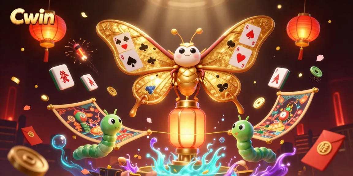 Cwin captivates players with vibrant casino scenes illustrated by a majestic atlas moth and silk worms in a 3D rendering.