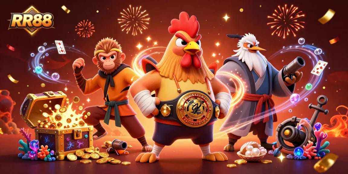 Discover big wins at RR88 with this vibrant casino-themed 3D artwork featuring dynamic characters and elements.