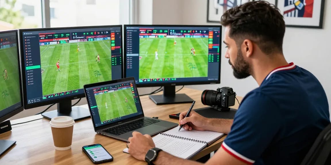 Exciting scene of a soccer betting analyst reviewing live odds and game stats, focusing on keo nha cai.