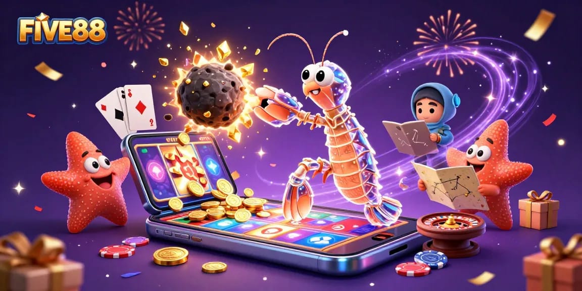 Engage in thrilling action with FIVE88 as a galactic samurai mantis shrimp bursts through an asteroid, showering golden coins.