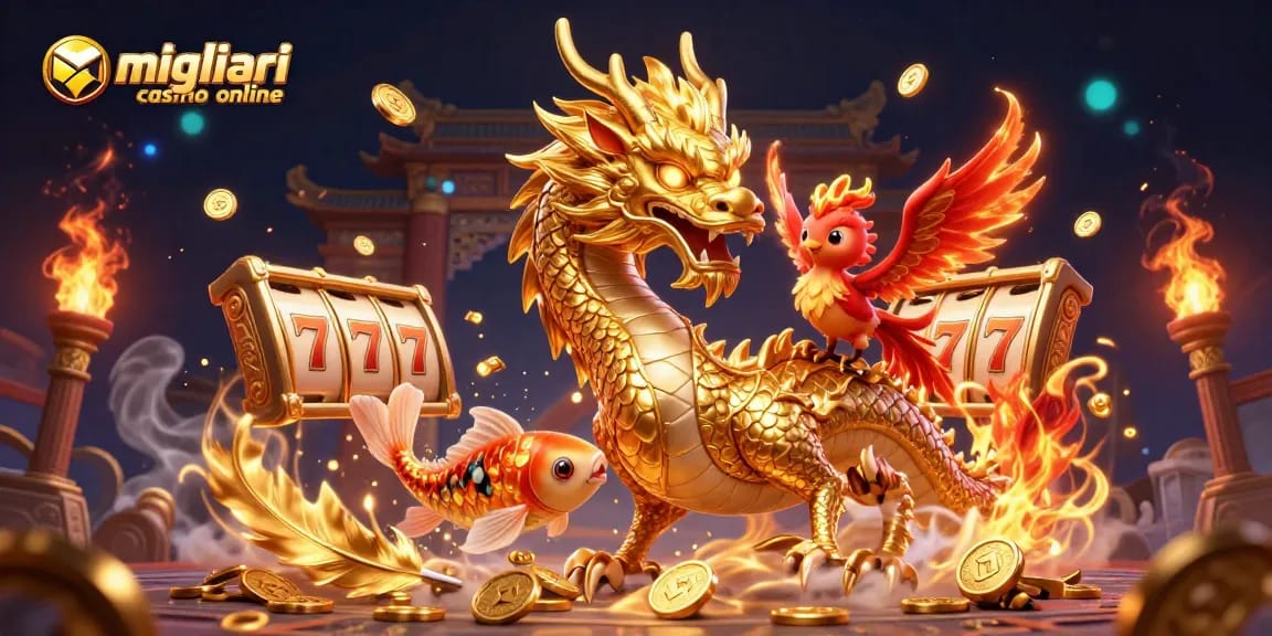 Scopri il brivido dei migliori casino online con un'affascinante illustrazione 3D che presenta un drago d'oro e simboli fortunati.