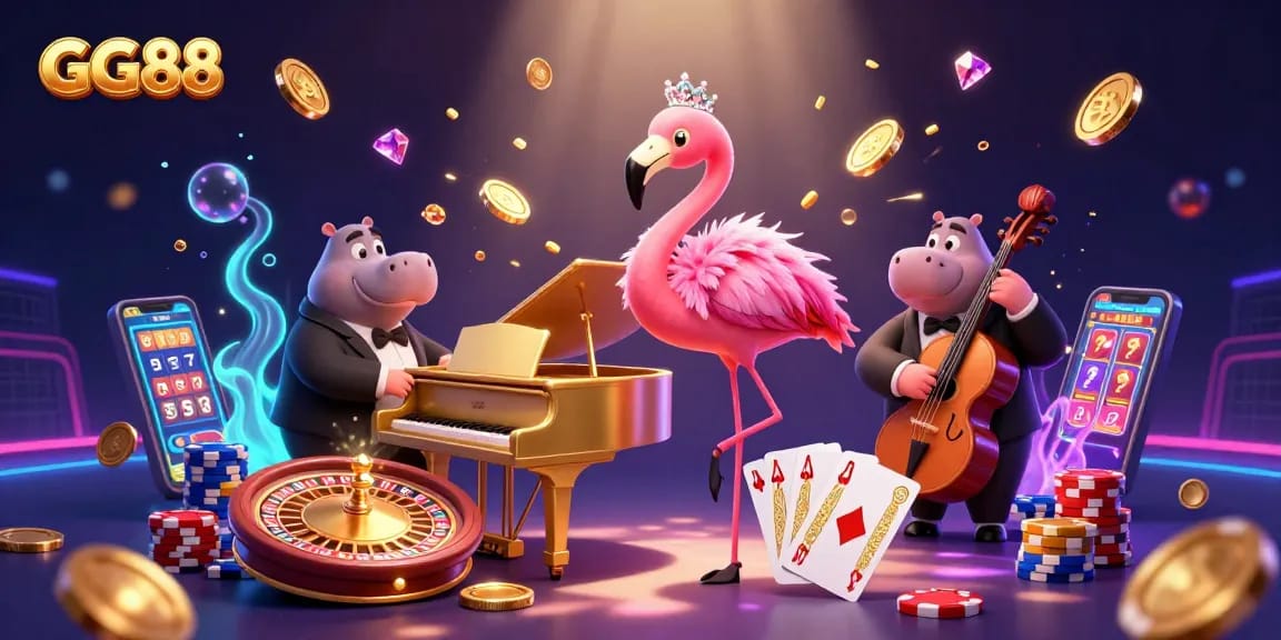 GG88 interactive scene featuring a flamingo singer and hippo bassist amidst dynamic casino elements.