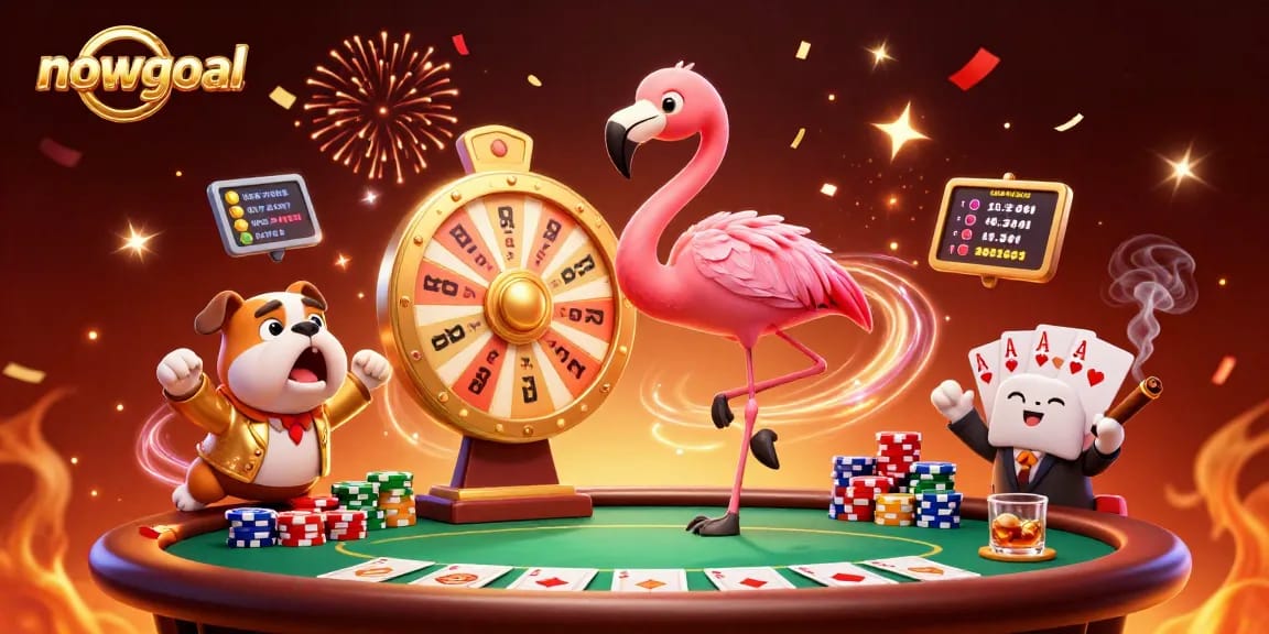 Engage with live betting on nowgoal while cartoon characters spin a prize wheel at a vibrant casino scene.