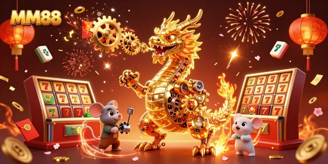 Experience the excitement of MM88 with a golden dragon and casino elements bursting into action.