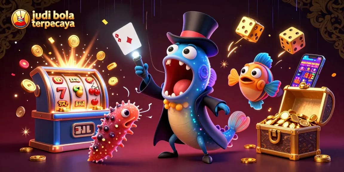 Showcasing judi bola terpercaya with a 3D cartoon eel magician and anglerfish in a vibrant casino scene.