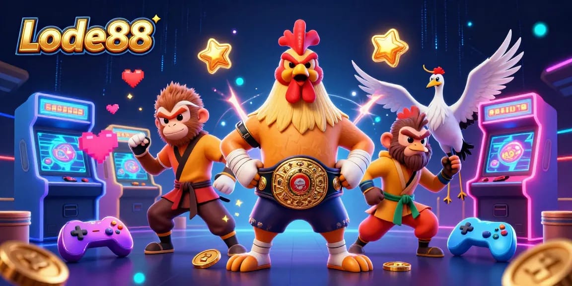 Lode88 players enjoying casino-themed action with vibrant characters and games in a dynamic 3D illustration.