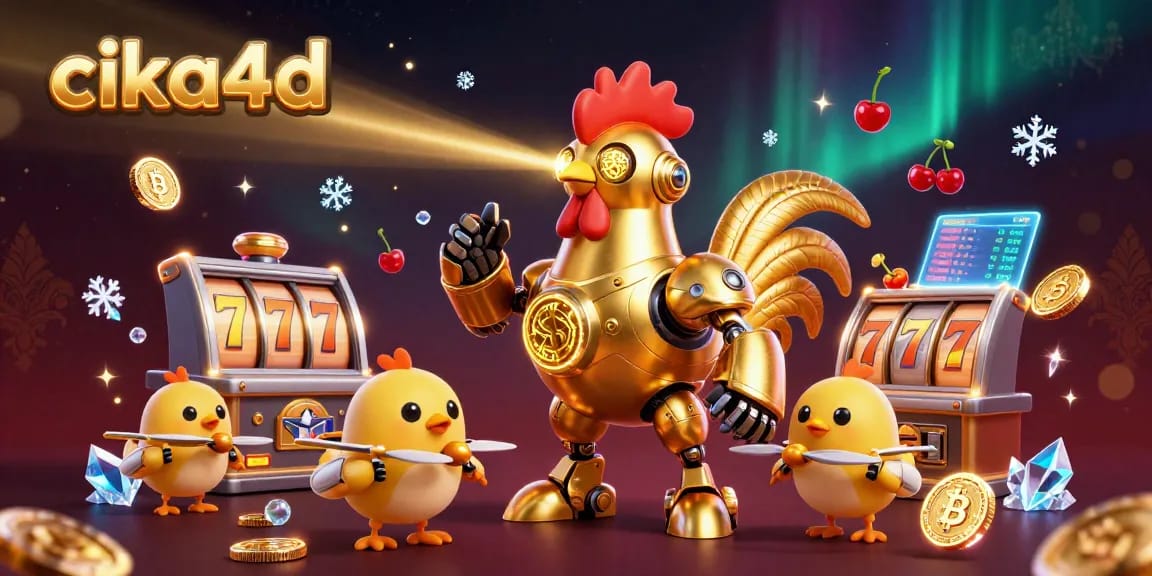 Cika4d thrills players with a vibrant slot-themed animated scene featuring a golden rooster robot shooting beams, showcasing dynamic casino elements.
