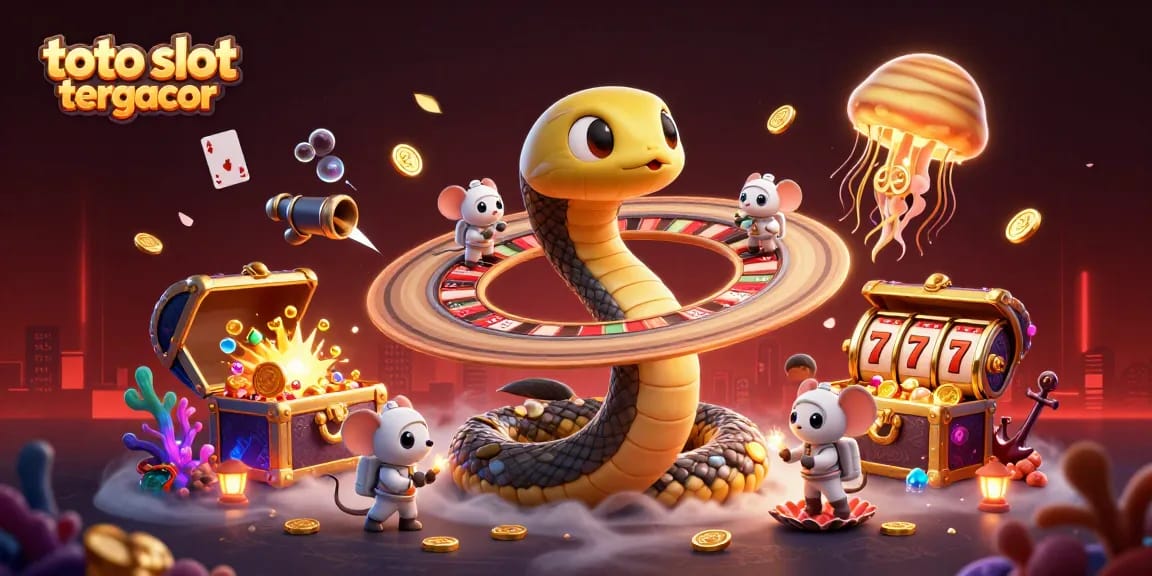 Experience the thrill of toto slot tergacor with a cosmic gaming scene featuring a Saturn ring snake and astronaut mice betting.