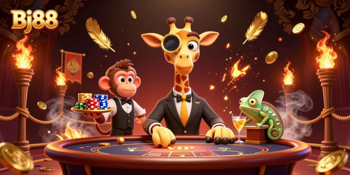 Join the action at Bj88 with a high-roller giraffe and lively cocktail service in an exciting casino scene.
