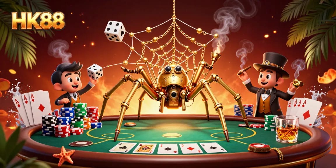 HK88 captures thrilling gambling moments with a steampunk spider and engaging poker scene.