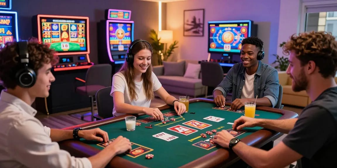 Players enjoying migliori casino online games in a vibrant home environment, showcasing excitement and engagement in digital gambling.