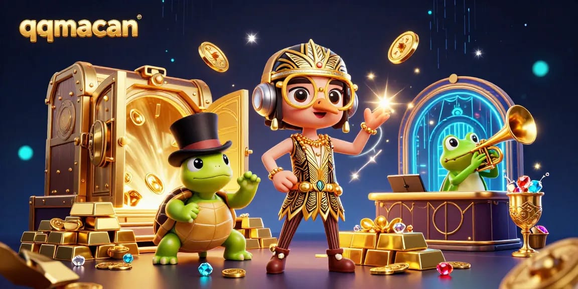 Experience thrilling gameplay with qqmacan as golden treasures and rich casino elements come alive in this vibrant illustration.