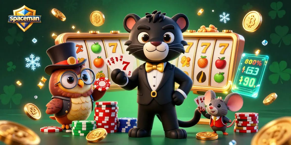 Join the spaceman in a vibrant casino scene playing dynamic slot games with lucky characters and shining coins.