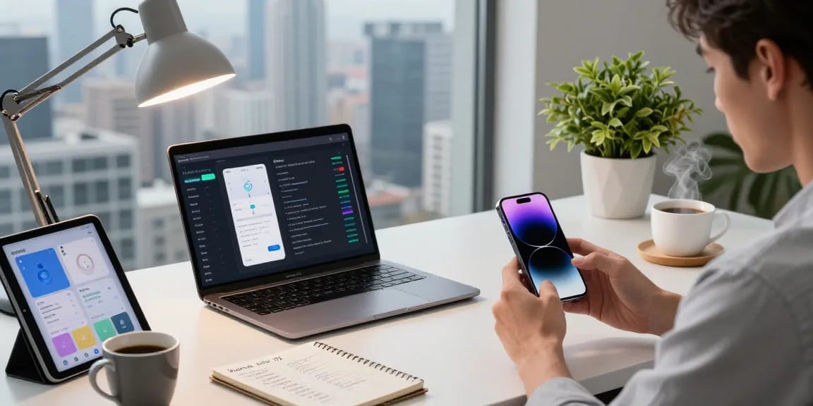Testing the iPhone 17 features in a modern tech workspace with gadgets.