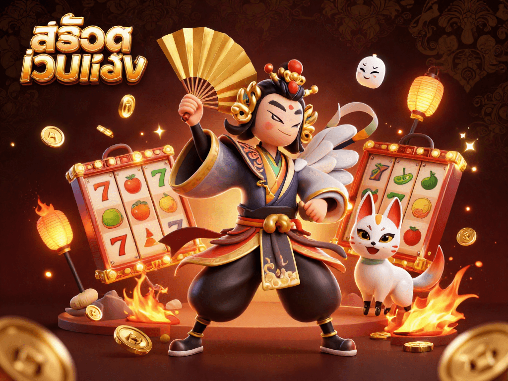 Engage with สล็อตเว็บตรง through vibrant slot reels and rich casino elements in a dynamic 3D scene.