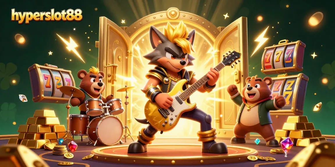 Experience the energy of hyperslot88 as a rock star wolf and drummer bear entertain on a vibrant casino stage.