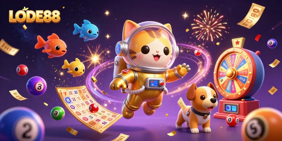 LODE88 lottery action featuring a vibrant 3D scene with an astronaut cat and robot dog amidst celebratory elements.