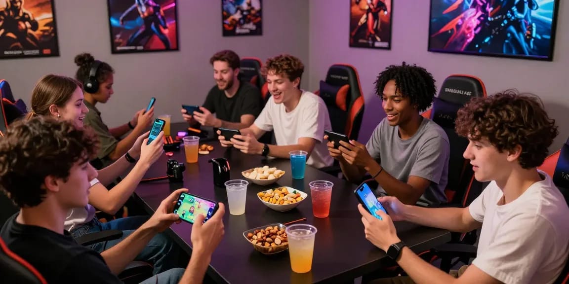 Group of friends immersed in gaming, play games on smartphones in a vibrant gaming lounge.