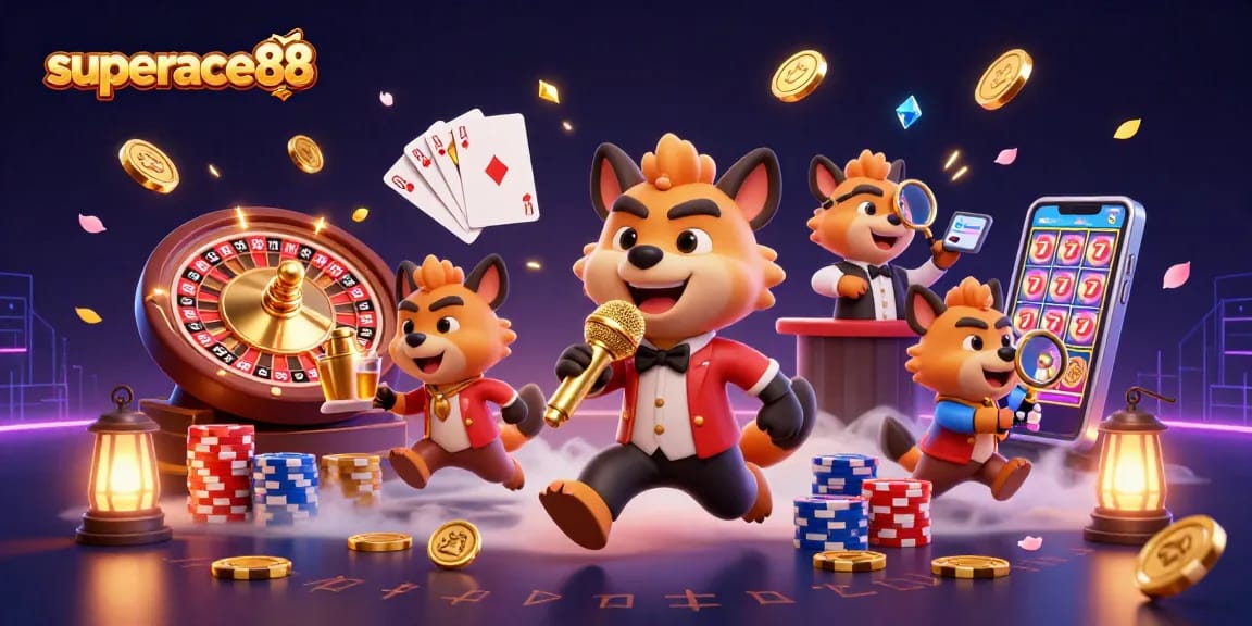 Engage in thrilling gaming at superace88 with vibrant casino characters amid sparkling gems and golden coins.