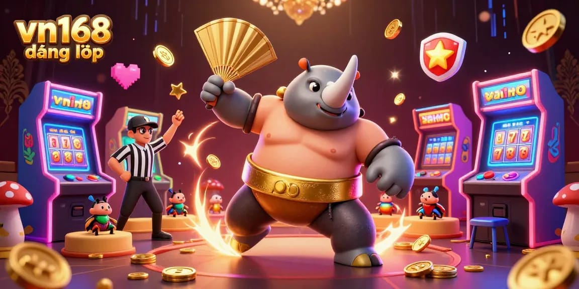 Experience excitement with vn168 đăng nhập in this dynamic illustration showcasing a cartoon beetle casino scene filled with golden coins.