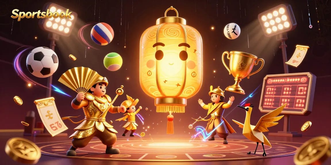 Taruhan olahraga terlaris di Sportsbook menampilkan elemen dinamis dari bola olahraga dan simbol keberuntungan.