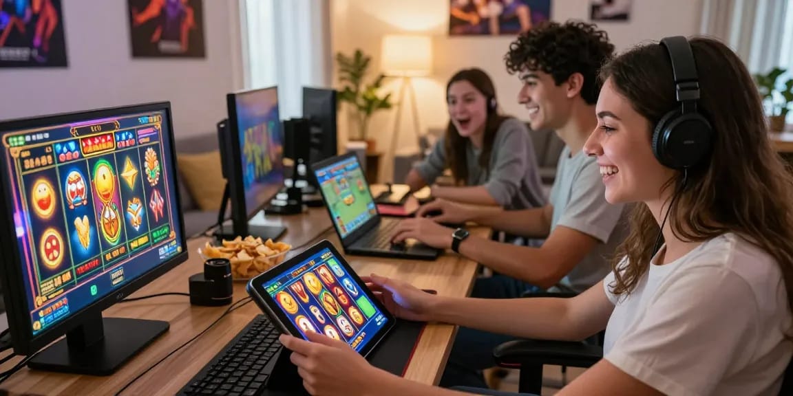 Gamer menggunakan pawangslot di tablet dengan suasana menyenangkan.