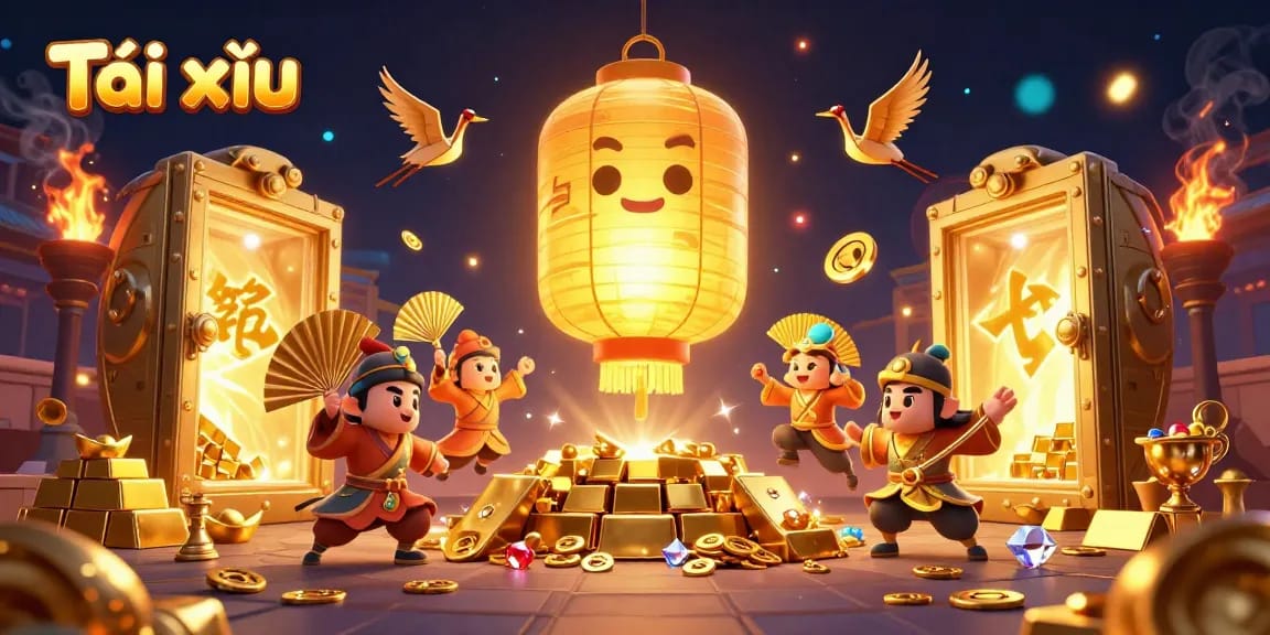 Engage in Tài xỉu gameplay with vibrant characters and golden treasures emanating excitement.
