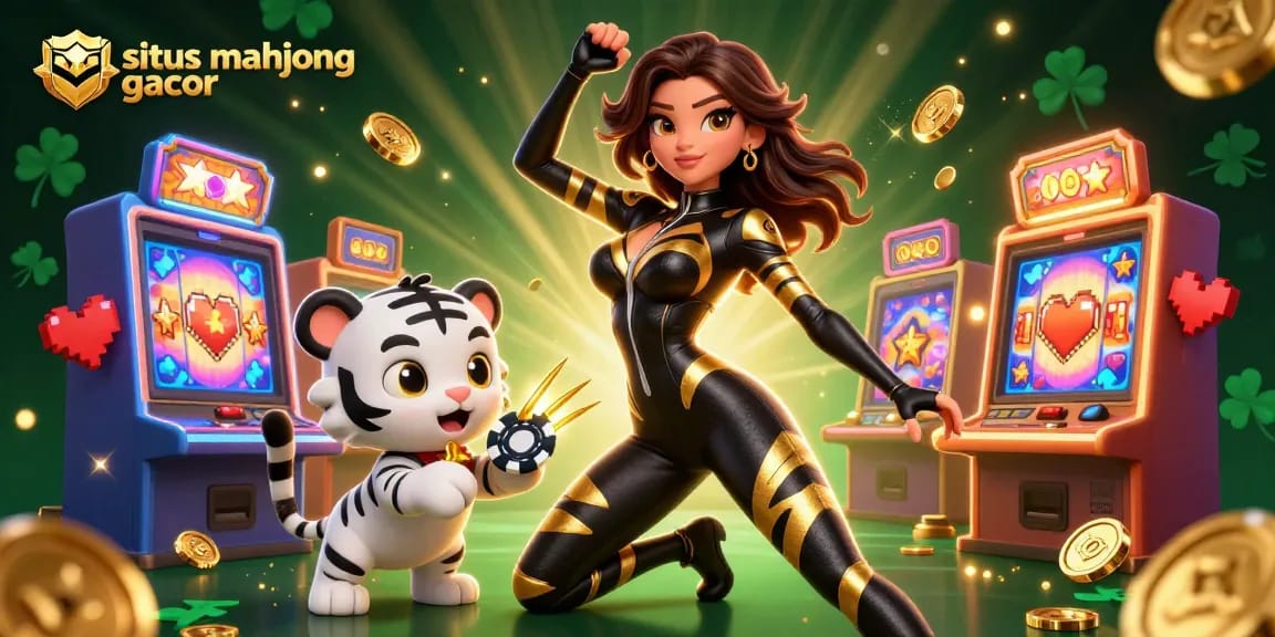 Experience the excitement of situs mahjong gacor with vibrant slot machines and a playful tiger.