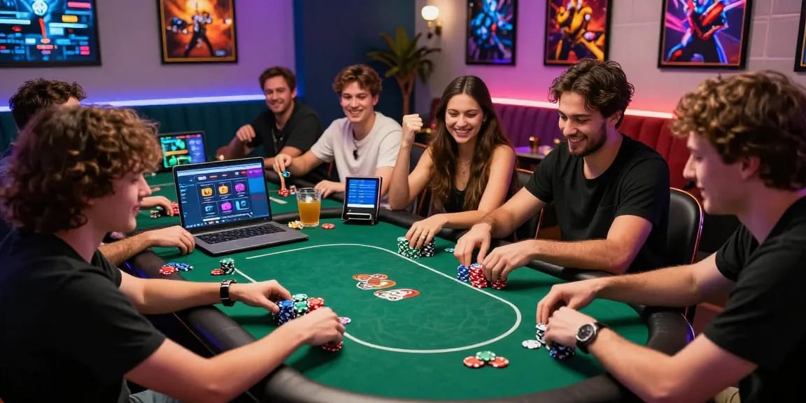Exciting poker game gathering showcasing fun88thaimeth with friends in an inviting lounge atmosphere.