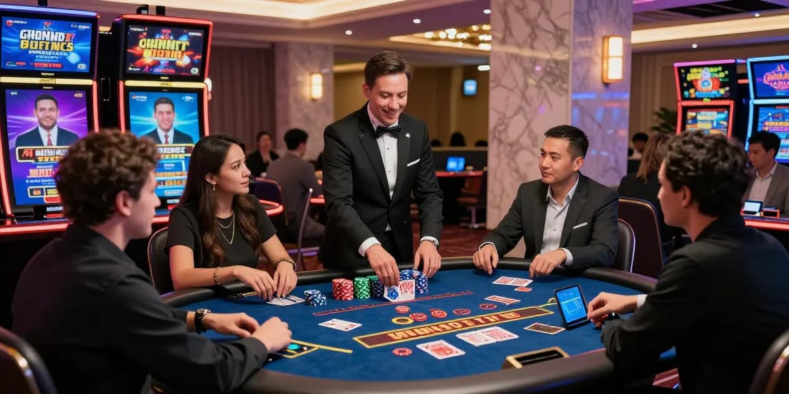 Grandbetting live casino scene with a professional dealer engaging players in an immersive gaming experience.