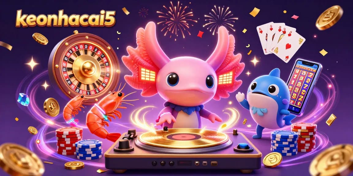 Engage with keonhacai5 as vibrant axolotl DJ spins records surrounded by colorful casino elements.