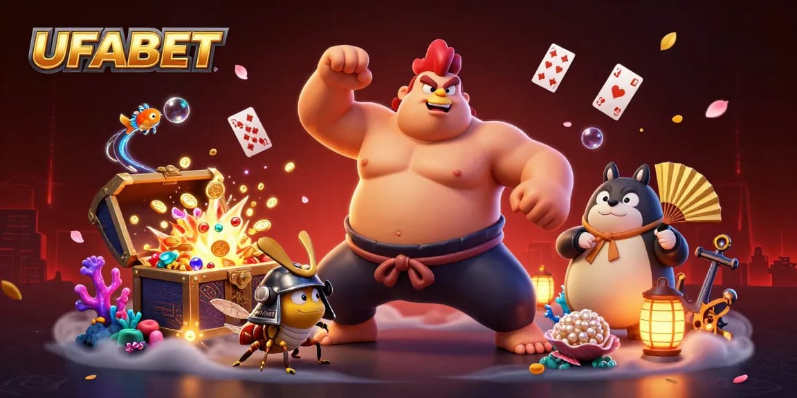 Join the excitement at UFABET with a thrilling 3D illustration showcasing powerful characters and rich gambling elements.