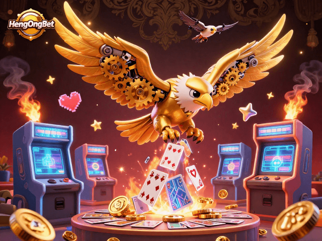 Engage in thrilling gameplay with HengOngBet's vibrant 3D casino adventure, featuring golden eagles and arcade machines.
