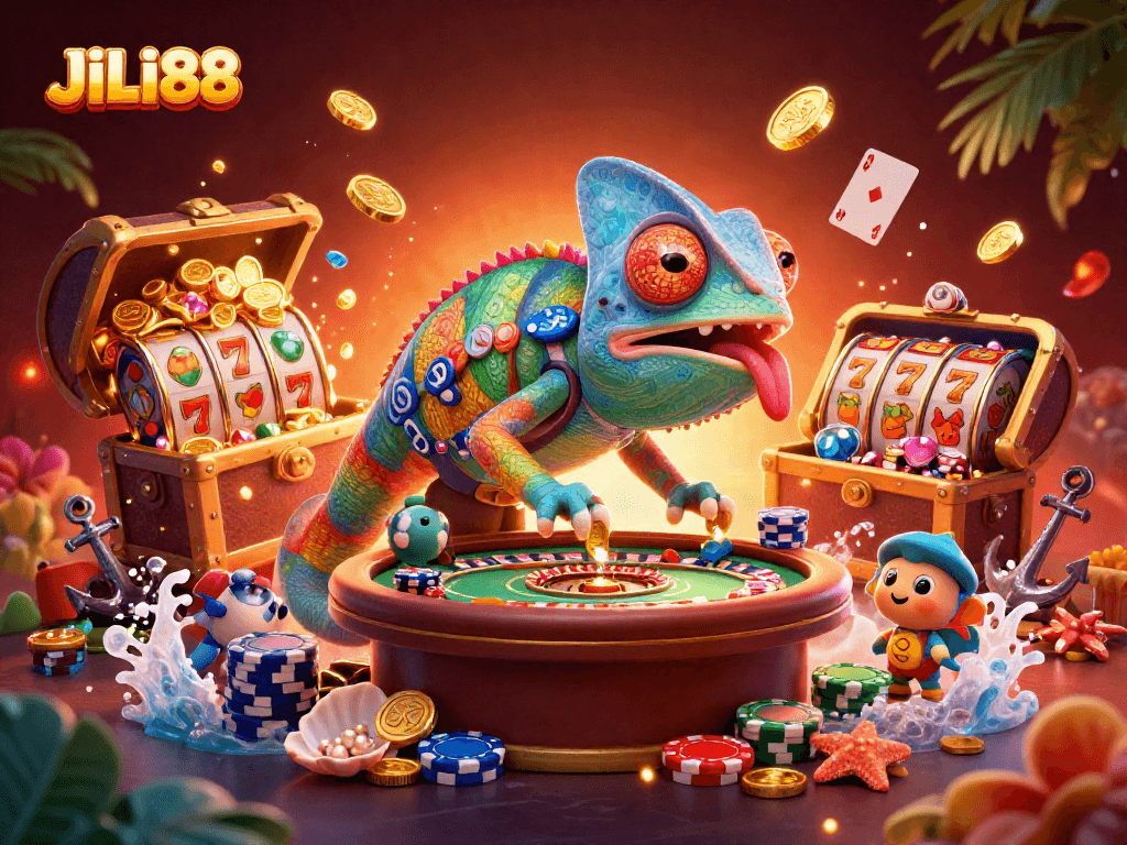 Experience thrilling gameplay at JILI88 with vibrant chameleon-themed casino art and rich gaming elements.