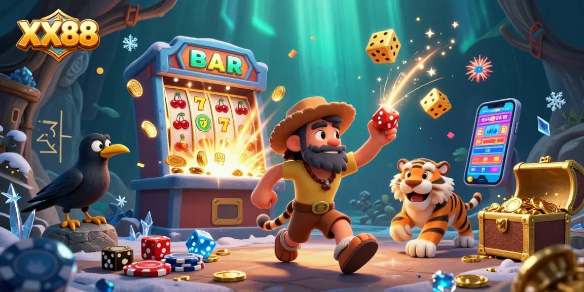 Engage in thrilling gameplay at XX88 with a vibrant ancient casino illustrated scene featuring dynamic characters and exciting game elements.