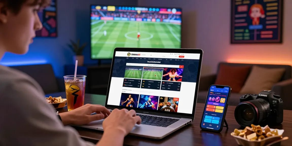 Engaging online gambling experience on onana88 with user interacting on laptop.