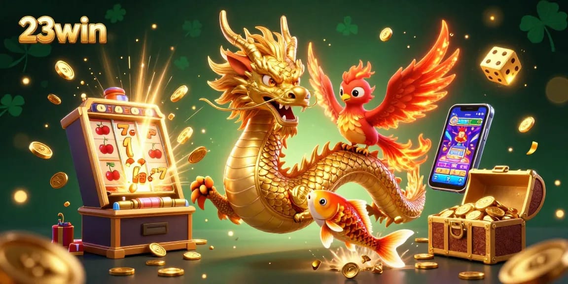 Engage in dynamic gaming at 23win with a stunning illustration of a golden dragon and vibrant casino elements.