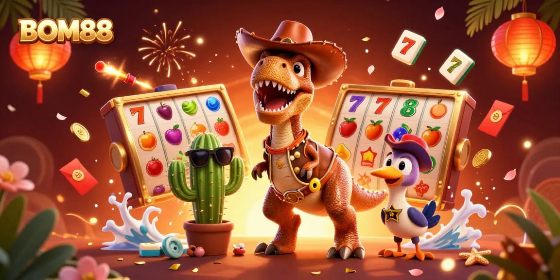 BOM88 slot game illustration with a T-Rex character and vibrant casino elements showcasing exciting gameplay.
