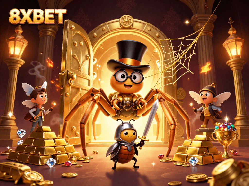Experience exciting 8XBET casino adventures with a golden tarantula and beetle knight in a detailed illustration.