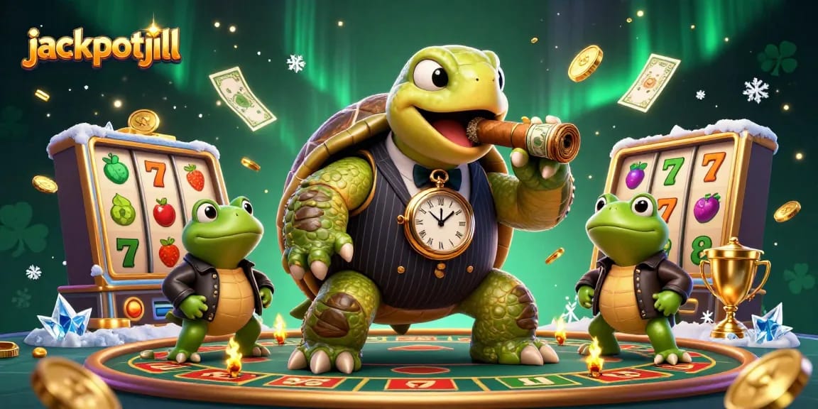 Jackpotjill illustration with a snapping turtle and bullfrogs celebrating big wins in a vibrant casino setting.