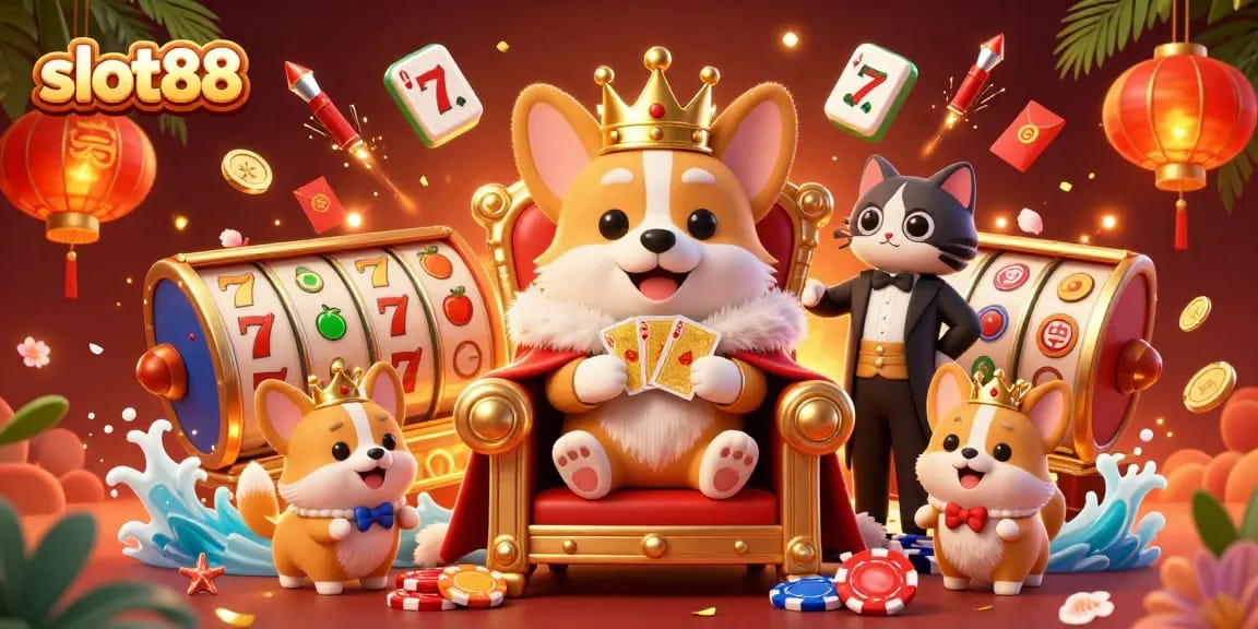 Experience the excitement of slot88 with a vibrant scene of a corgi king surrounded by golden slots and festive symbols.