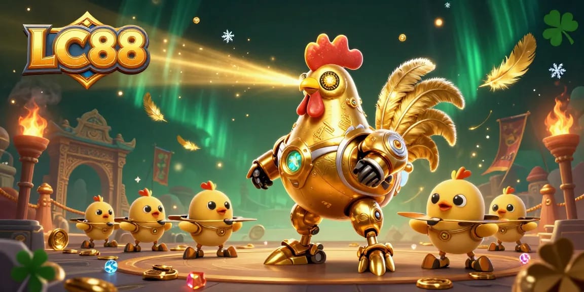 Experience thrilling gameplay at LC88 with the golden rooster robot and baby chick drones amidst a vibrant casino scene.