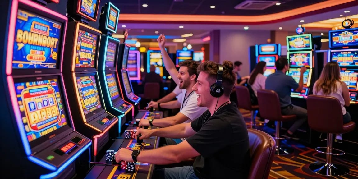 Pengalaman bermain di situs slot gacor dengan mesin slot yang penuh warna dan pemain yang antusias.