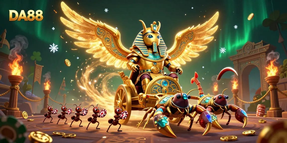 Experience the vibrant excitement of DA88 with a golden scarab beetle leading a thrilling casino scene.