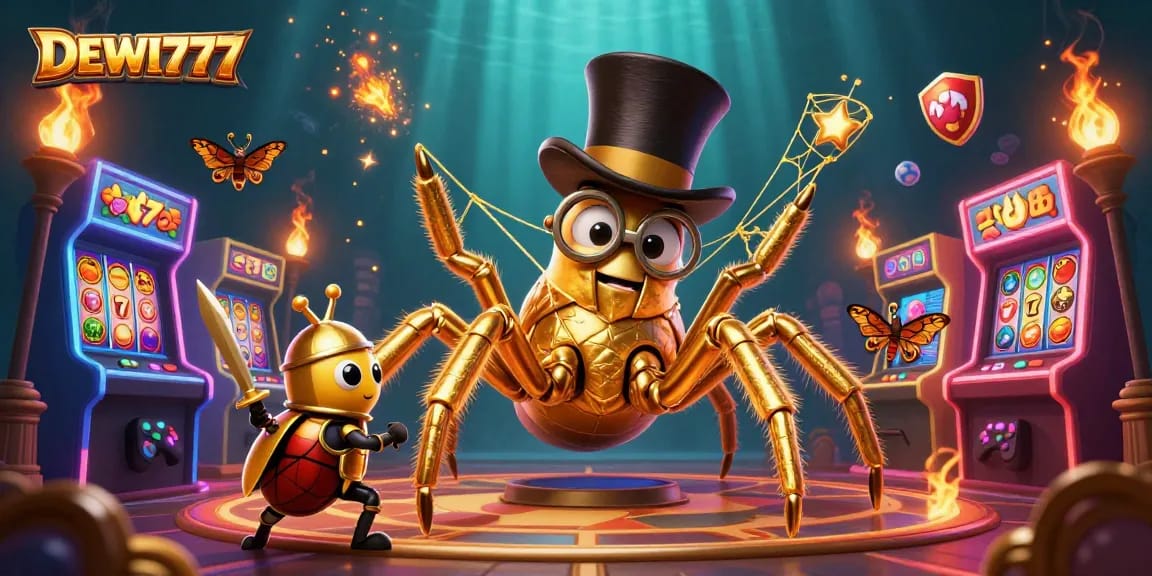 Experience DEWI777's thrilling gaming action with vibrant slot reels, a golden tarantula, and engaging characters.